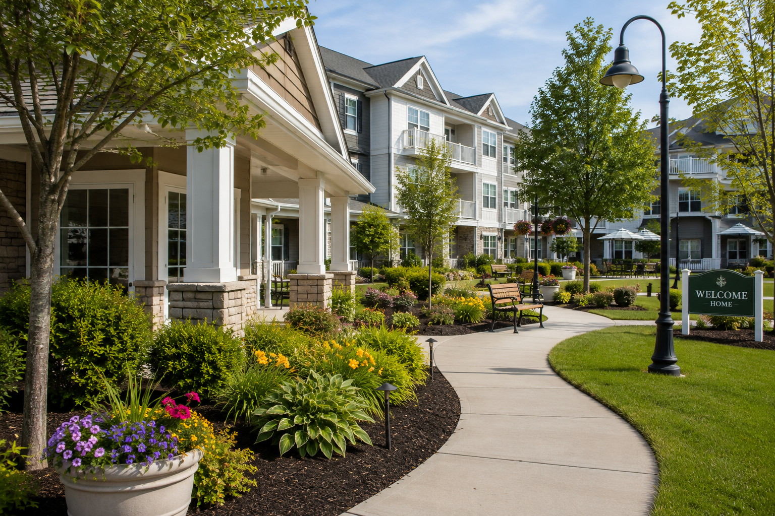 Maintained grounds at a multi-family residential property — curved walkway, flower beds, and manicured lawn