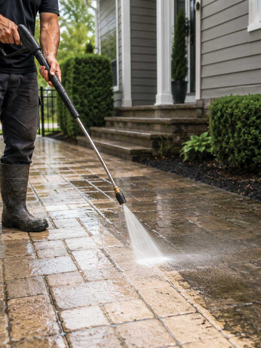 Crew member pressure washing a paver walkway, leaving a clean stripe across the dirty stone
